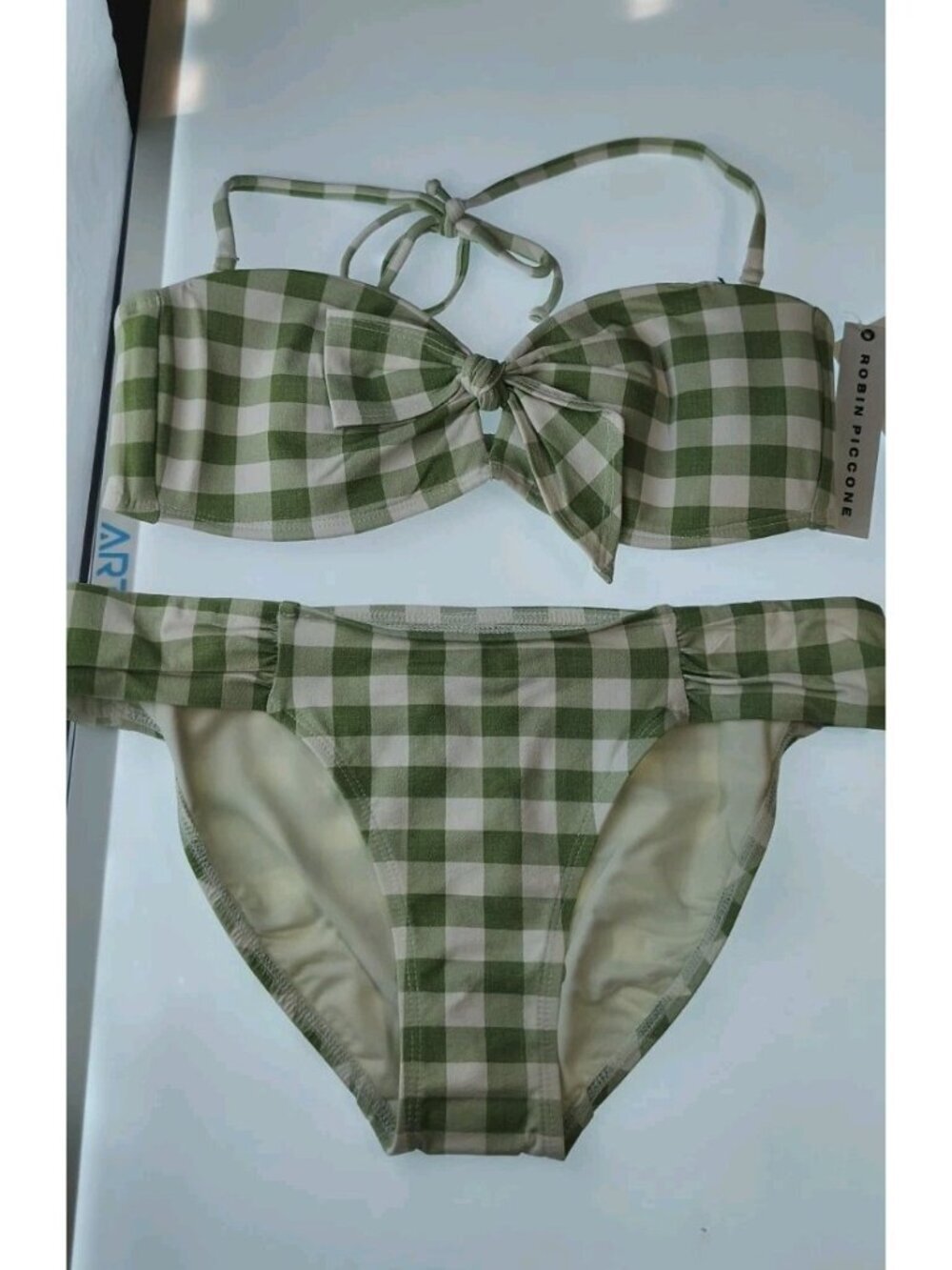 Robin Piccone Jemma Gingham Bandeau Bikini Set Size M Green White NWT